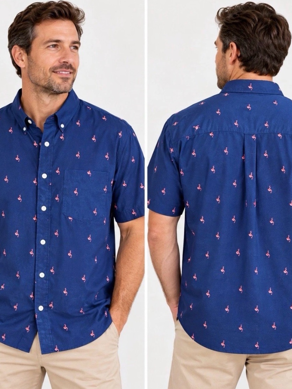 IZOD Mens 2XL Navy Blue Pink Flamingo Print Short Sleeve Button Down Shirt